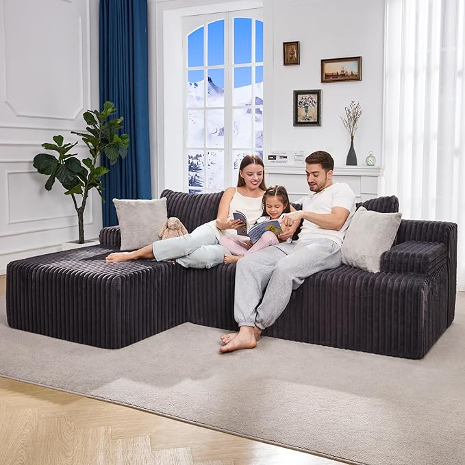 Hobestluk Boneless Couch Modular Sectional Sofa L-Shape Cloud Couch Lounge | 96" Left Facing Chaise Darkgrey,Memory Foam,Removable Cover,Non-slip Bottom,No Assemble Required,Furniture for Small Home