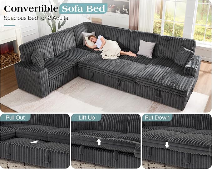 VanAcc 130" Sofa Bed, Sectional Sleeper Sofa with Pull Out Bed, Sleeper Couch for Living Room, 6 Seater Couch with Storage, Faux Fur Dark Grey
