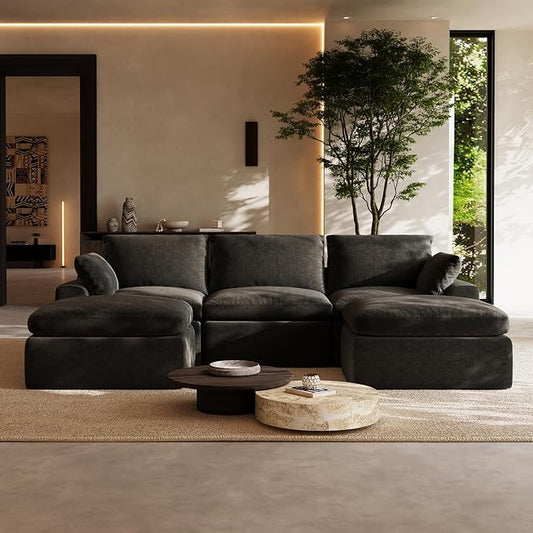 Novilla 104.3" Modular Cloud Couch, Modern Sectional Sofa with Smarts Coil® Support, Chenille Fabric, Upholstered Couch for Living Room Apartments Bedroom, No Assembly, 3 Seater + 2 Ottoman, Dark Grey