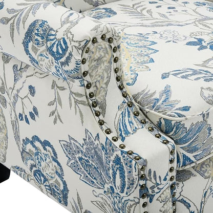 High Back Accent Chair, Fabric Upholstered Armchair Floral Wingback Chair for Living Room, Comfy Single Sofa Bedroom Reading Seat with Solid Wood Legs - Plants Blue