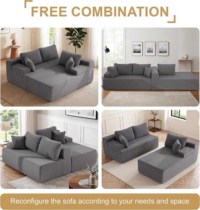 Hobestluk Modular Sectional Sofa Couches L-Shape Couch 3 Seat Modular Sofa Memory Foam Sectional Couches for Living Room, Cloud Couch with Oversized Chaise (Grey Smooth, 108", Right Hand Facing)