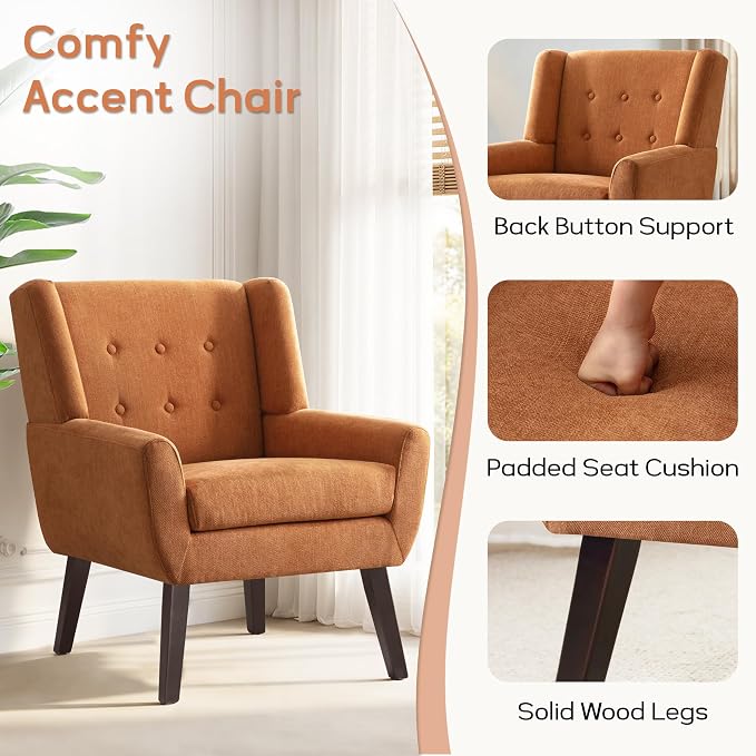 HUIMO Accent Chair, Upholstered Button Tufted Armchair, Linen Fabric Sofa Chairs for Bedroom, Living Room, Mid-Century Modern Comfy Reading Chair (1, Orange)
