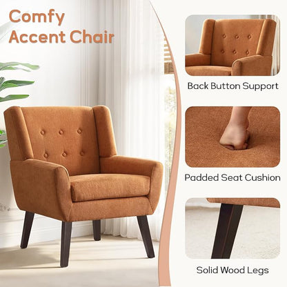HUIMO Accent Chair, Upholstered Button Tufted Armchair, Linen Fabric Sofa Chairs for Bedroom, Living Room, Mid-Century Modern Comfy Reading Chair (1, Orange)