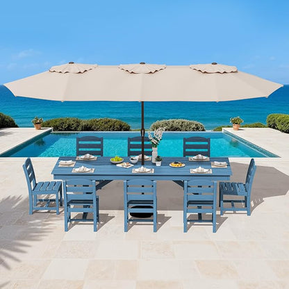 SERWALL 9 Piece 84" HDPE Outdoor Dining Set for 8 with Armless Chairs and Umbrelle Hole, Blue