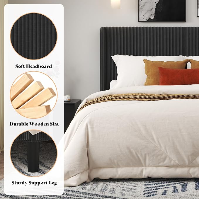 AMERLIFE Full Bed Frame, Upholstered Platform Bed with Corduroy Headboard, Easy Assembly Modern Black Bed Frame with Wooden Slats Support, No Box Spring Needed