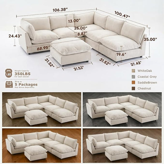 Iroomy Modular Sectional Sofa, Oversized Chenille Cloud Couch, Deep Comfy Seat, 6-Seater Sofas Couches for Living Room, Beige, High Feet
