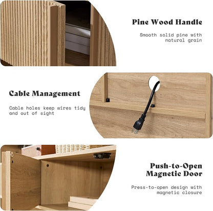 AMERLIFE Modern TV Stand for TVs up to 80", 70 inch Fluted TV Console with Storage Cabinets, Wood Entertainment Center Media Console for Living Room, Natural Oak