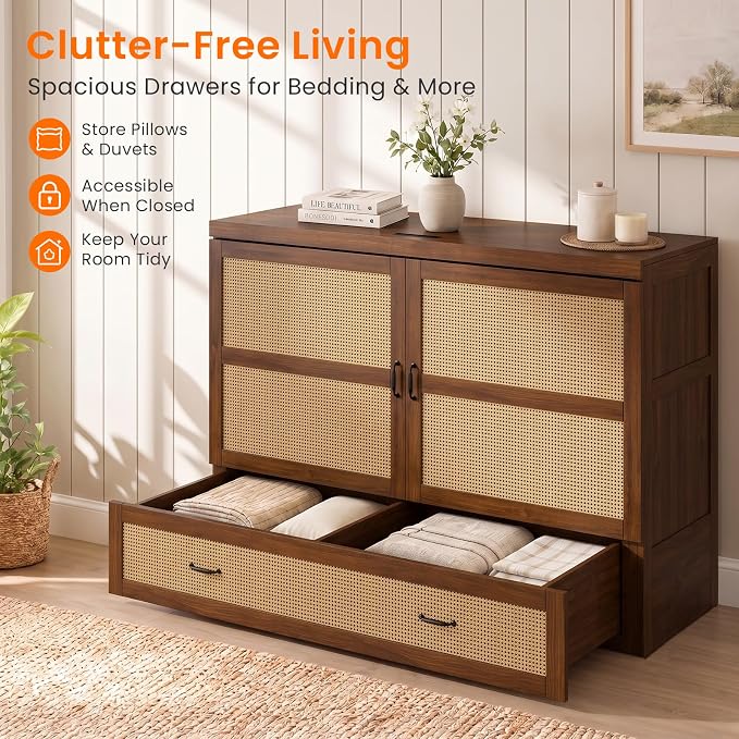 CECER Queen Murphy Bed with Mattress for Guest/Small Space-Black Walnut | Built-in Multi-Port Charging Station ＆ Large Storage Drawer，Space Saving ＆ Easy Assemble and Conversion