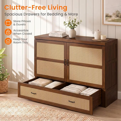 CECER Queen Murphy Bed with Mattress for Guest/Small Space-Black Walnut | Built-in Multi-Port Charging Station ＆ Large Storage Drawer，Space Saving ＆ Easy Assemble and Conversion