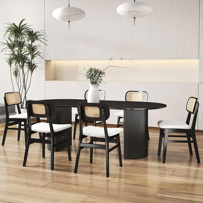 ROCITY Black Rattan Dining Chairs Set of 6 Sherpa Dining Room Chairs Natural Wooden Kitchen Chairs Farmhouse Boho