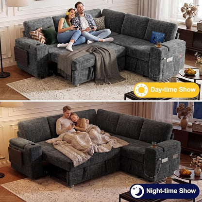 Vipbear Premium 86" Modular Sectional Sleeper Sofa, 5 Seat Sleeper Sofa with Pull Out Bed for Living Room, L Shaped Couch with Storage Chaise|USB Ports|Cup Holders|Storage Armrests|Side Table, Gray