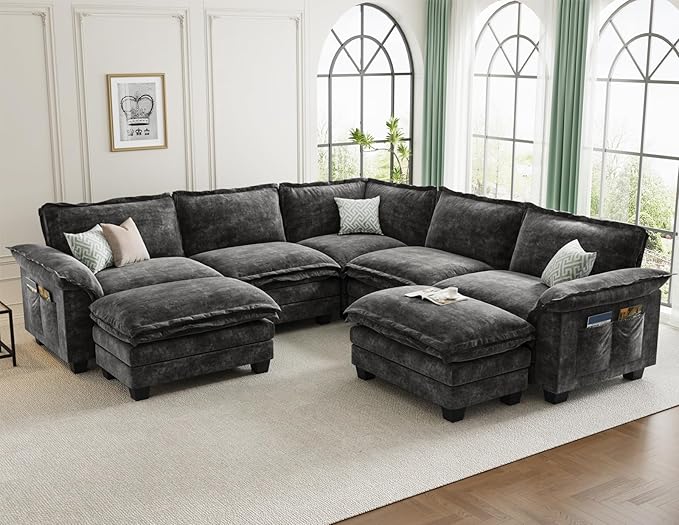 KKL Modular Sectional Sofa, Large V Shape 7 Seater Modern Sectional Couch with Ottoman, Couches for Living Room, Cloud Couches Chenille for Apartment, Home, Grey