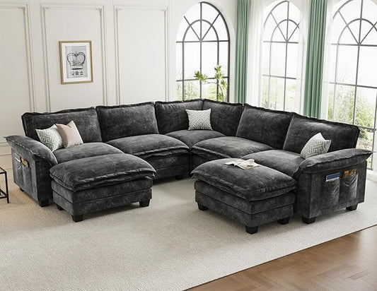 KKL Modular Sectional Sofa, Large V Shape 7 Seater Modern Sectional Couch with Ottoman, Couches for Living Room, Cloud Couches Chenille for Apartment, Home, Grey