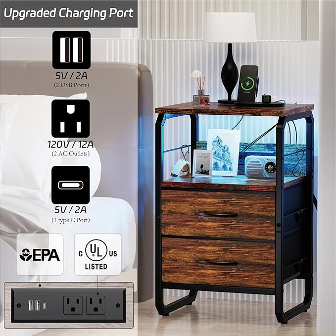 runjuly LED Nightstand, Bedside Table with Storage, End Table with Drawers & Hooks, Small Table with Charging Station, AC Outlets, USB-C Ports, Night Stand Table for Bedroom, Dorm, Rustic Brown