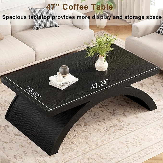 HSH 47" Modern Rectangle Wood Coffee Table for Living Room, Black Oak | Large Rectangular Center Table, Low Table with Sculptural Arched Base, 200 lb Capacity, Easy Assembly