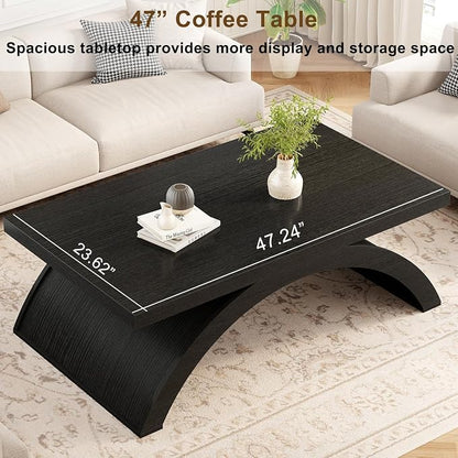 HSH 47" Modern Rectangle Wood Coffee Table for Living Room, Black Oak | Large Rectangular Center Table, Low Table with Sculptural Arched Base, 200 lb Capacity, Easy Assembly
