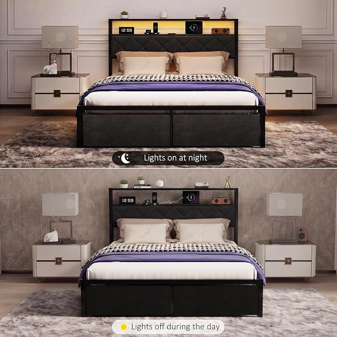 Queen Bed Frame with LED Lights, Charging Station & 2 Storage Drawers, Metal Platform with Upholstered Headboard, No Box Spring Needed, Easy Assembly