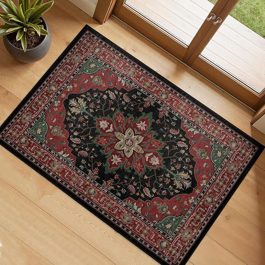 RELEANY Area Rugs Small 2'x4' Washable Non-Slip, Floral Vintage Distress Medallion Carpet for Kitchen Entryway Bathroom, Red Black