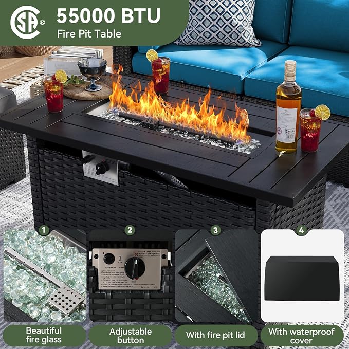 Aoxun 8 Piece Patio Furniture Set with 44” Fire Pit Table, Wicker Rattan Patio Sectional Sofa, Outdoor Furniture Set with Thickened Cushion, Peacock Blue