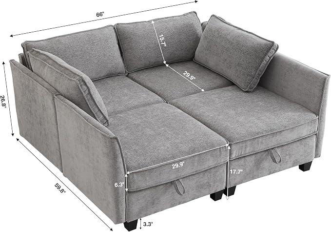 ORRD Sleeper Modular Sectional Sofa Set, Convertible Couch Bed with Storage, 4 Seater and 4 Armrestes Sofa Modular for Living Room, Office (Grey)