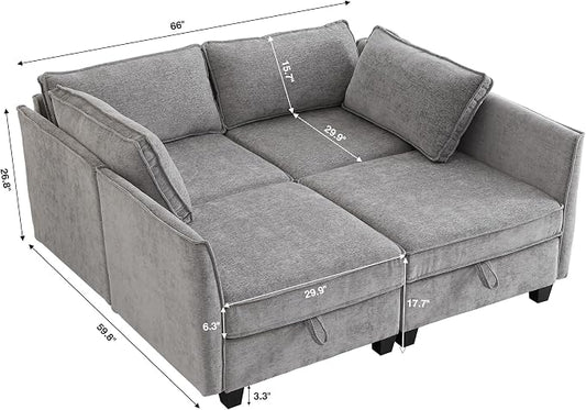 ORRD Sleeper Modular Sectional Sofa Set, Convertible Couch Bed with Storage, 4 Seater and 4 Armrestes Sofa Modular for Living Room, Office (Grey)
