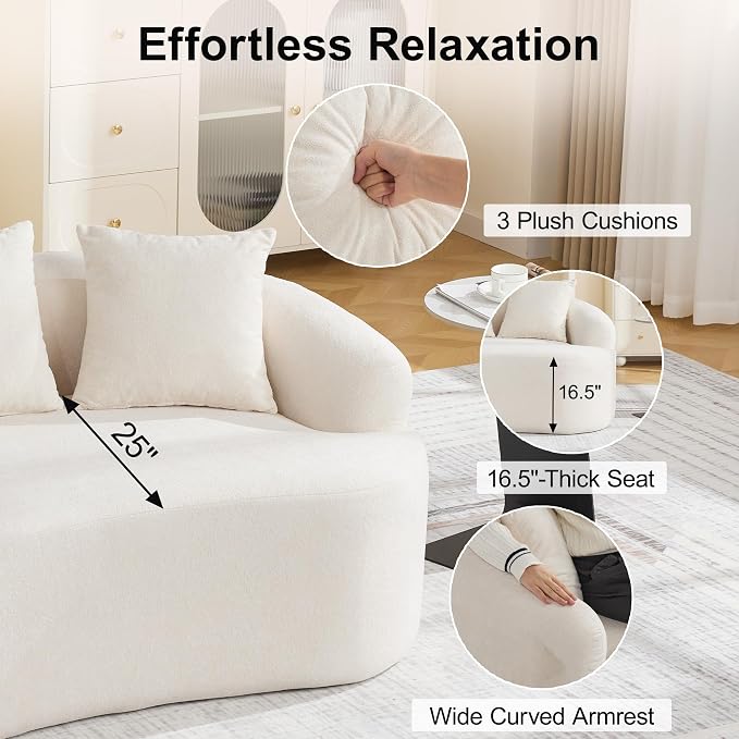 65" Boneless Curved Loveseat Sofa, Modern Deep Seat Love Seat Couches, 2 Seater Curved Couch with 3 Throw Pillows, Compressed Floor Sofa for Living Room Small Spaces, No Assembly, Beige