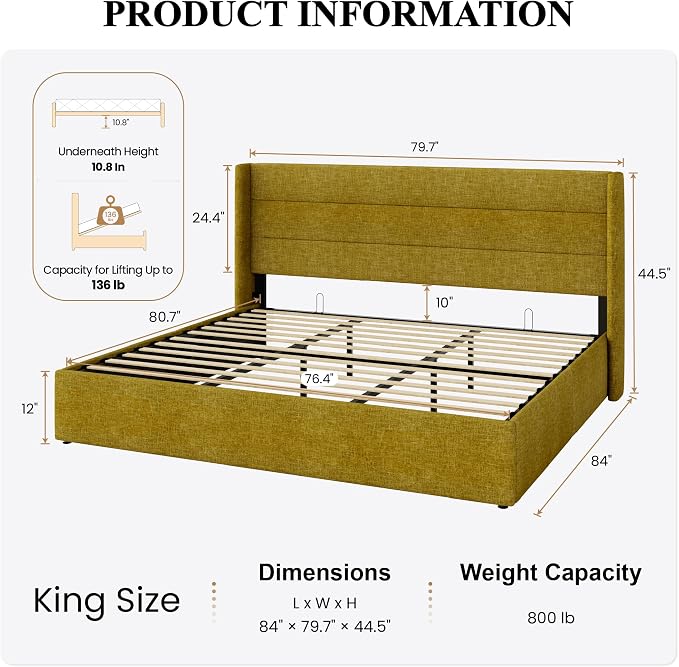 SHA CERLIN King Size Lift Up Storage Bed/Modern Wingback Headboard/Upholstered Platform Bed Frame/Hydraulic Storage/No Box Spring Needed/Wood Slats Support/Olive Yellow