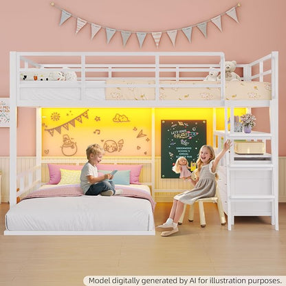 busyaeh Low Bunk Bed,Bunk Bed Full Over Twin with 8 Drawers & 4 Shelves | bunk Bed with Desk & 15" H Safety Guardrail & LED Lights and Charging Station,L-Shaped Bunk Beds with Stairs,White bunk bed