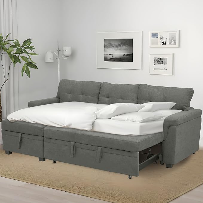 Naomi Home 84" L-Shaped Sectional Sleeper Sofa with Pull Out Bed | Sleeps Guests Comfortably, Stores Essentials in Chaise & Saves Space, Velvet, Gray Convertible Sofa Bed