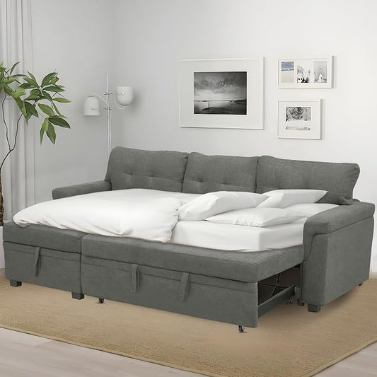 Naomi Home 84" L-Shaped Sectional Sleeper Sofa with Pull Out Bed | Sleeps Guests Comfortably, Stores Essentials in Chaise & Saves Space, Velvet, Gray Convertible Sofa Bed