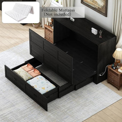 Full Murphy Bed with Storage & Charging Station, Farmhouse Murphy Cabinet Bed with Large Drawer, Hideaway Foldable Platform Bed for for Guest Room, Bedroom, Home Office, Black