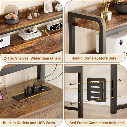 Aheaplus Headboard for Queen Size Bed Frame, Headboards with Outlets, USB Ports and LED Light, Head Board with Storage, Height Adjustable, Sturdy and Stable Headboard, Queen Size, Rustic Brown