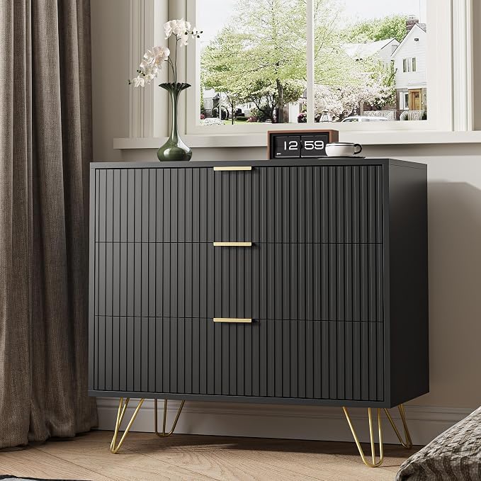 MAISONARIA Black 3 Drawer Dresser for Bedroom, Modern Closet Dressers Chest of Drawers, Fluted Dresser Chest Cabinet with Gold Metal Handles, Nightstand for Bedroom, Living Room, Hallway, Entryway