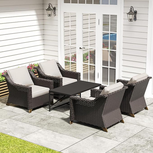 5 Pieces Outdoor Conversation Furniture Set - 4 PE Rattan Armchairs, 1 Metal Coffee Table, Patio Wicker Furniture Set with Water-Resistant Cushions for Swimming Pool, Sunroom (Beige)