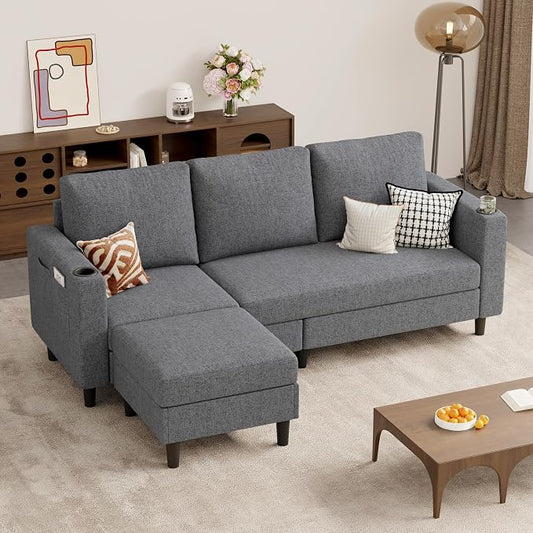 Luxanimarion Upholstered Sectional Sofa and Couches, 78'' L Shaped 3-seat Sofa forLiving Room, Apartment,Lounge,Bedroom-Washable Covers Convertible Sofas(Linen Fabric,Dark Gary)
