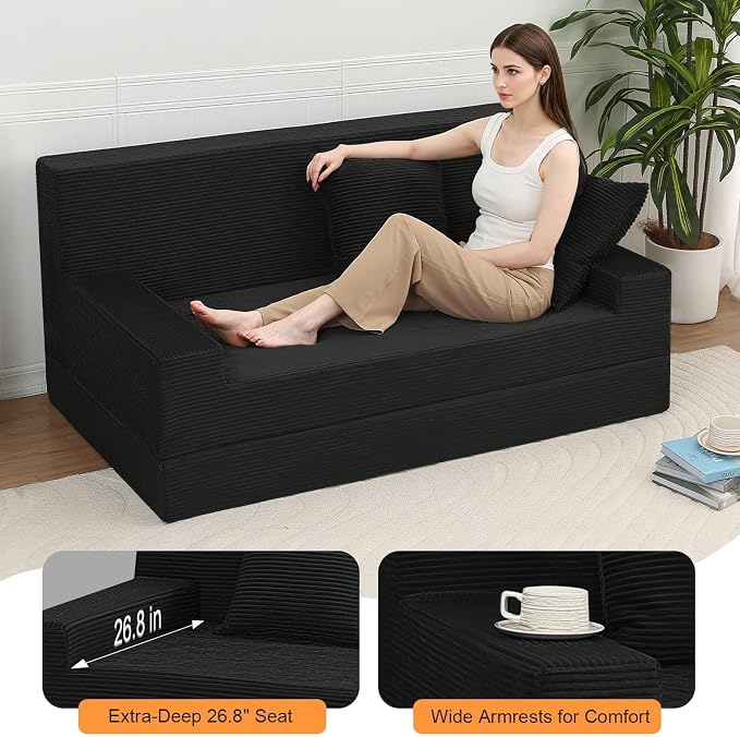 MeMoreCool Folding Sofa Bed Boneless Couch, 59" Loveseat Convertible Futon, Corduroy Foldable 2-in-1 Floor Sleeper for Small Living Room, Apartment, Guest Room, Foam Support & Washable Cover, Black