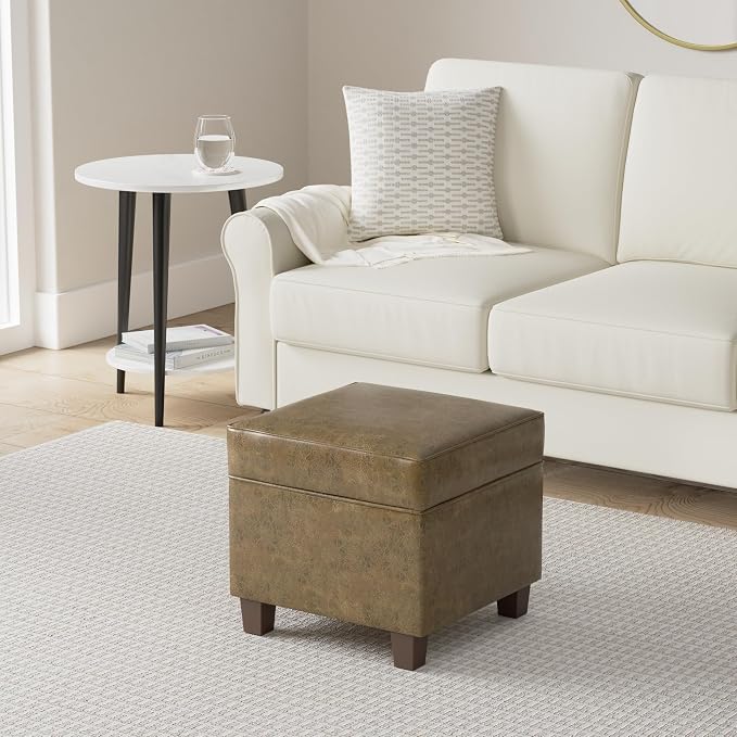 HomePop 18" Square Storage Ottoman - Distressed Brown Faux Leather
