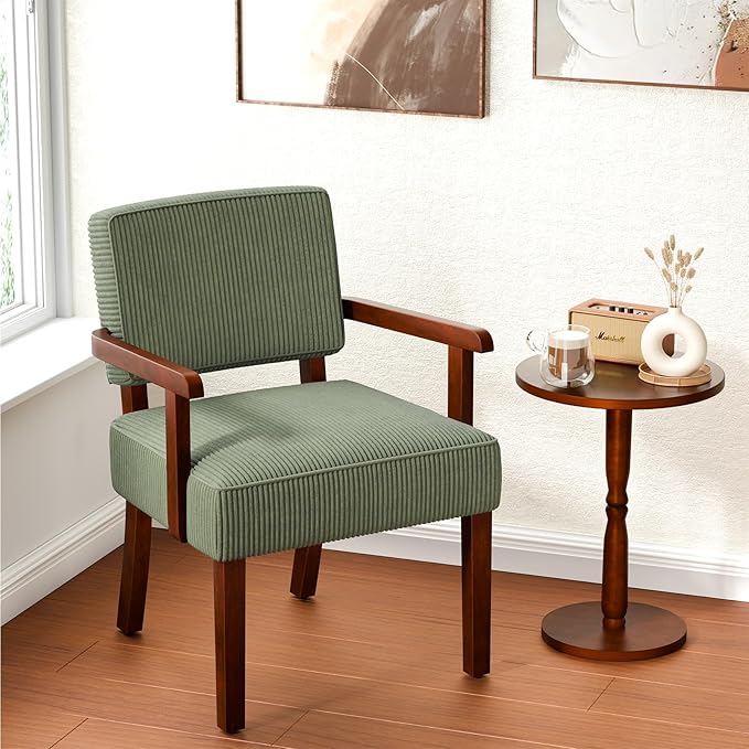 FAGAGA Corduroy Accent Chair, Mid Century Modern Armchairs with Solid Wood Frame, Oversized Reading Leisure Chair for Living Room, Bedroom (Corduroy Green, One Chair)