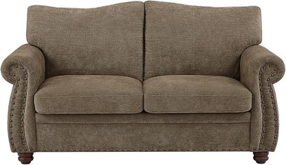 ONBRILL Nailhead Sofa, 66 Inch Small Couch with Rolled Arms, Chenille Fabric Loveseat w/Springs Seat Cushion, Vintage Curved Back, Turned Wood Legs, Comfy Couch for Living Room, Farmhouse, Brown