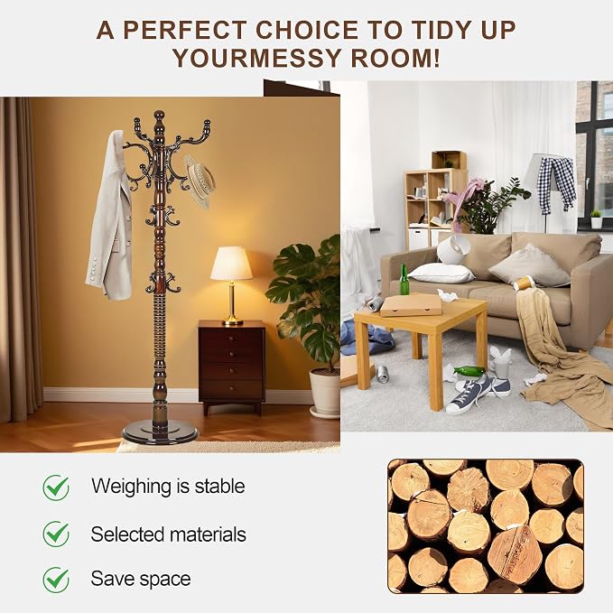 Wooden Coat Rack Freestanding with 18 Hooks, Adjustable Height Coat Tree Free Standing Heavy Duty for Entryway, Easy Assembly Solid Wood Sturdy Coat Hats Hanger Stand for Office Hallway Bedroom