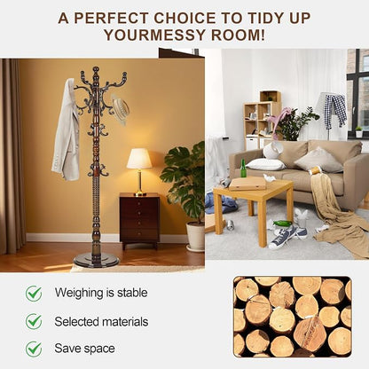 Wooden Coat Rack Freestanding with 18 Hooks, Adjustable Height Coat Tree Free Standing Heavy Duty for Entryway, Easy Assembly Solid Wood Sturdy Coat Hats Hanger Stand for Office Hallway Bedroom