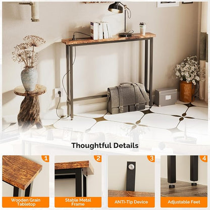 VINGLI 39" Console Table with Charging Station, 5.9" Narrow Sofa Table Behind Couch, Entryway Table with Power Outlet & 4.9 Ft Extension Cord & Adjustable Feet, for Living Room, Hallway, Rusitc Brown