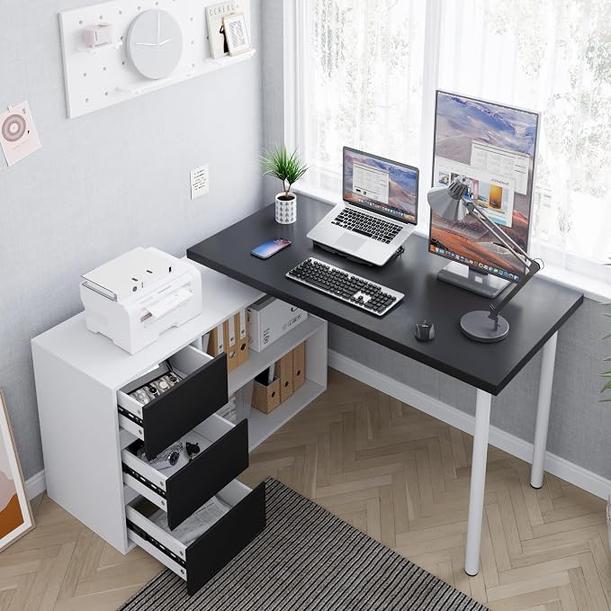 Home Office Computer Desk Corner Desk with 3 Black Drawers and 2 Shelves, 53-inch L-Shaped Study Desk with Storage, White + Black