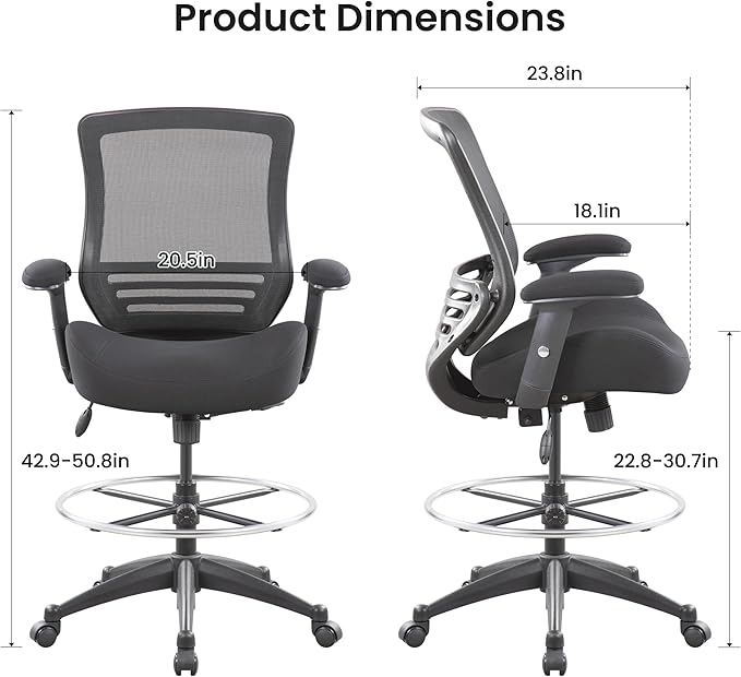 BOLISS 400lbs Mid Back Mesh Ergonomic Drafting Chair for Standing Desk Office Wide Chair Built-in Lumbar Support Big Adjustable Foot Ring Height Adjustable Armrest (Black)