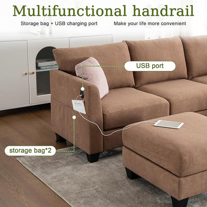 122.8" Large Sectional Couches for Living Room, 6 Seater L Shaped Modular Sectional Sofa with Two Storage Ottomans & USB, Oversized Corner Couch for Living Room（Brown）