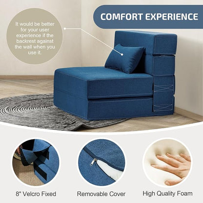 SUYOLS Folding Sofa Bed with Pillow- Convertible Chair Floor Couch & Sleeping Mattress, Foldable Memory Foam Sleeper for Living Room/Dorm/Guest Room/Home Office/Apartment/Loft, Single28,Navy Blue