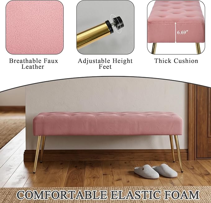DUHOME Modern Velvet Ottoman Bench, Button-Tufted Upholstered Bedroom Benches,End of Bed Bench with Gold Base for Entryway Living Room Dining Room, Pink