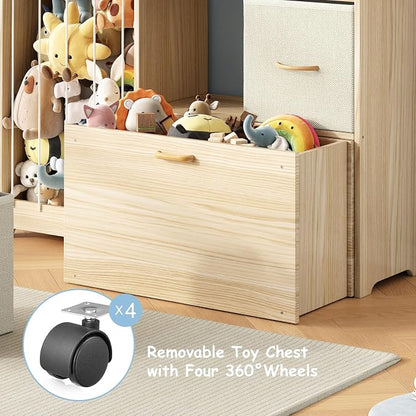 EXPERLAM Toy Storage Organizer with Stuffed Animal Holder, Solid Wood Kids Toy Shelf with 2 Drawers, Rolling Toy Chest and Top Rack, Plush Toy Storage for Bedroom, Playroom, Nursery