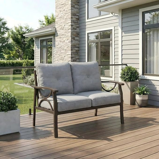 RoyalCraft Patio Loveseat, All-Weather Outdoor 2 Seats Sofa Couch,Khaki Metal Furniture with Gray Cushions