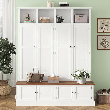 Hall Tree with Bench and Shoe Storage,Shoe and Coat Rack with Drawer and Hooks,Farmhouse Furniture for Entryway,Mudroom,Living Room,Black (White, 59" W)
